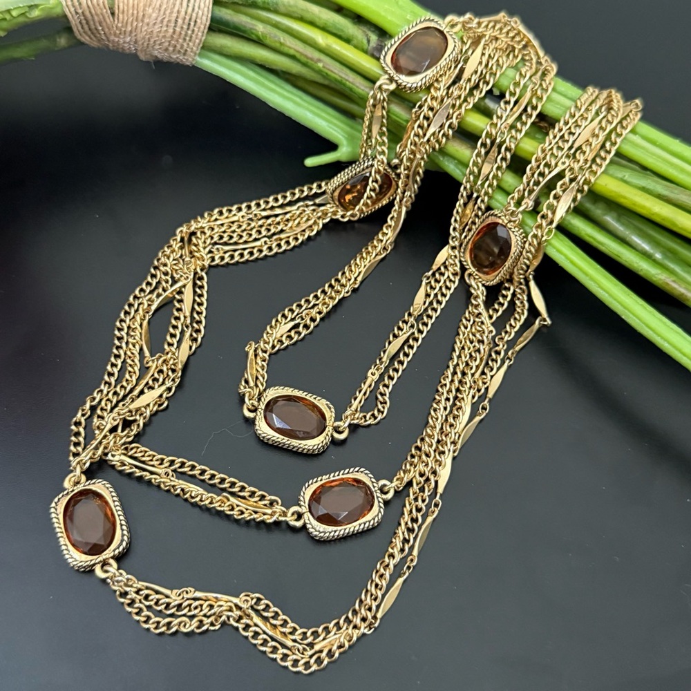 Unsigned Sarah Coventry Triple Chain Amber Glass Stone 51” Long Necklace  72g.
